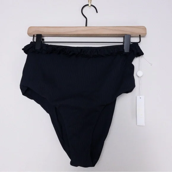 NEW Citrine x Anthropologie Alice Ruffle High Waist Ribbed Bikini Bottom L Black - Picture 5 of 10